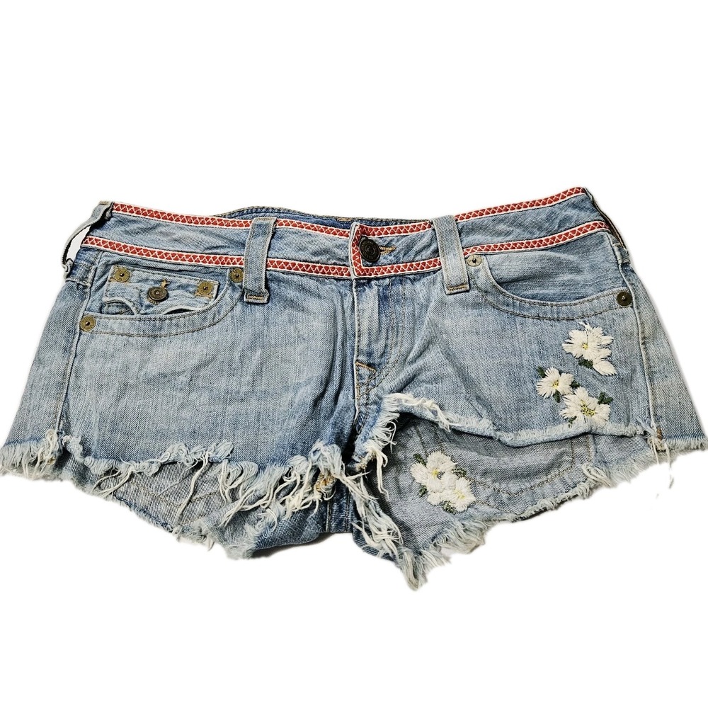 True Religion Cut Off Joey Shorts Floral Embellished Denim Women's Size 31 - Picture 1 of 8